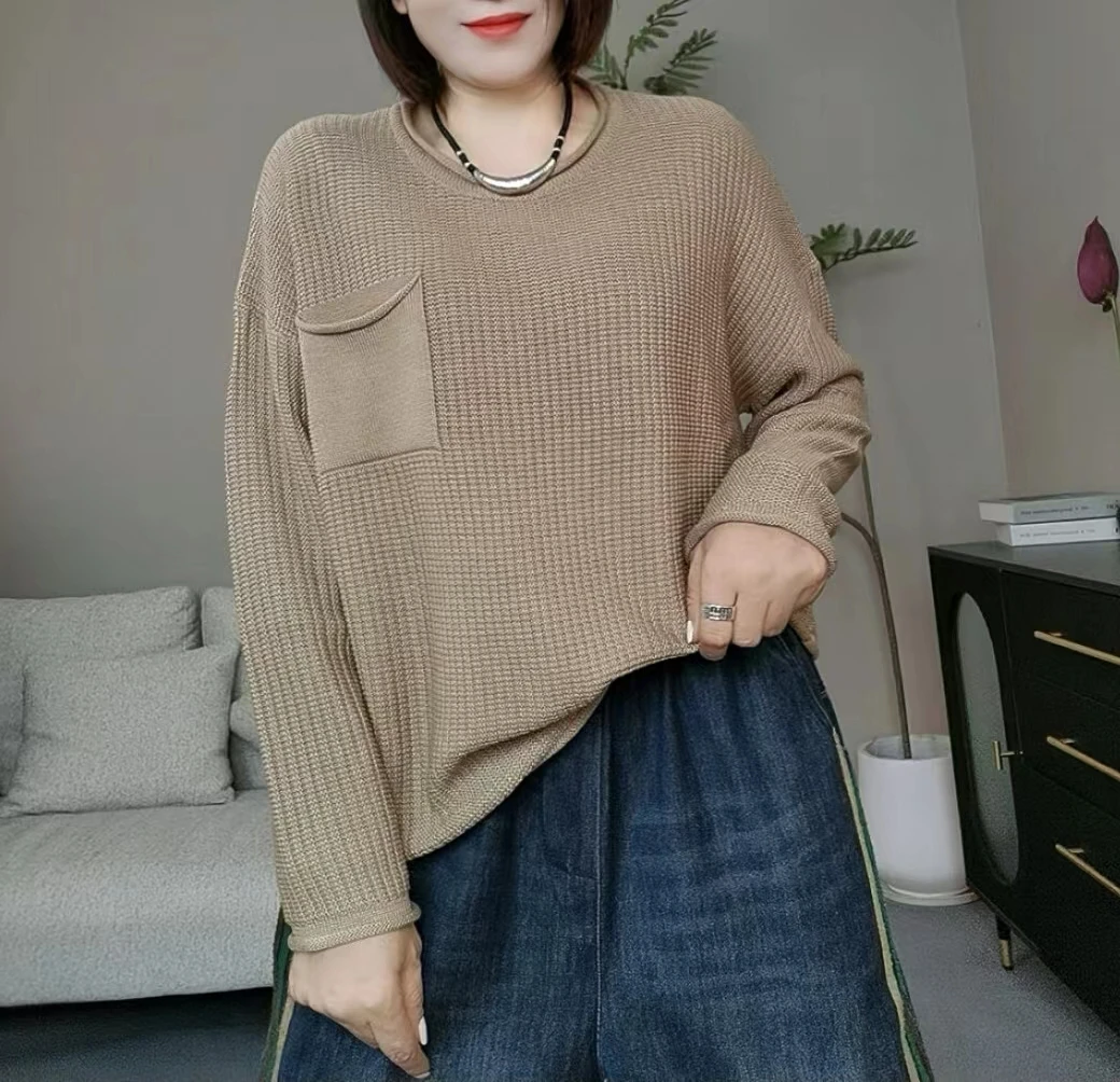AIXINRUI  22117 胖mm大码时尚胸前小口袋圆领原创厚实套头衫