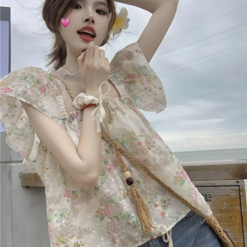 夏季新款女法式方领小飞袖高级感洋气娃娃衫重工刺绣花朵衬衫背心