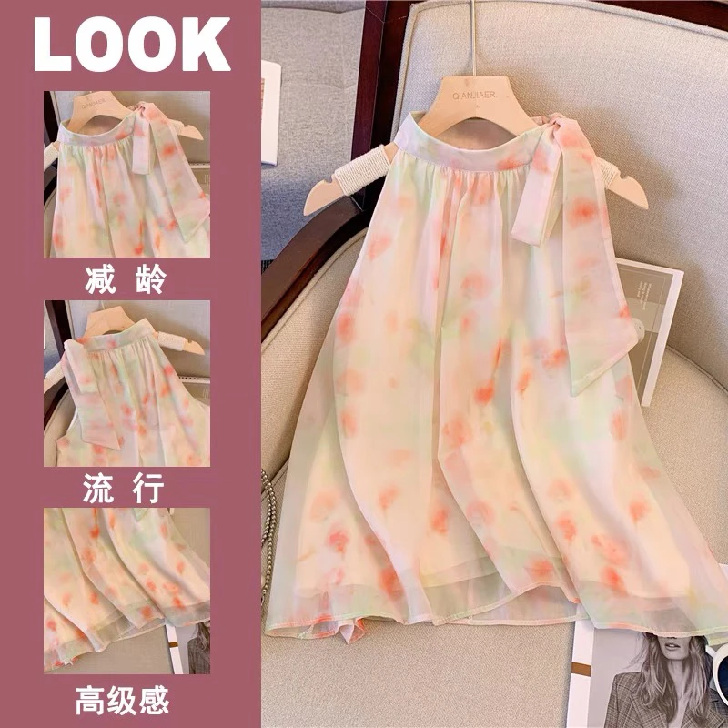 法式碎花蝴蝶结系带吊带背心女夏气质无袖娃娃衫露肩挂脖雪纺上衣