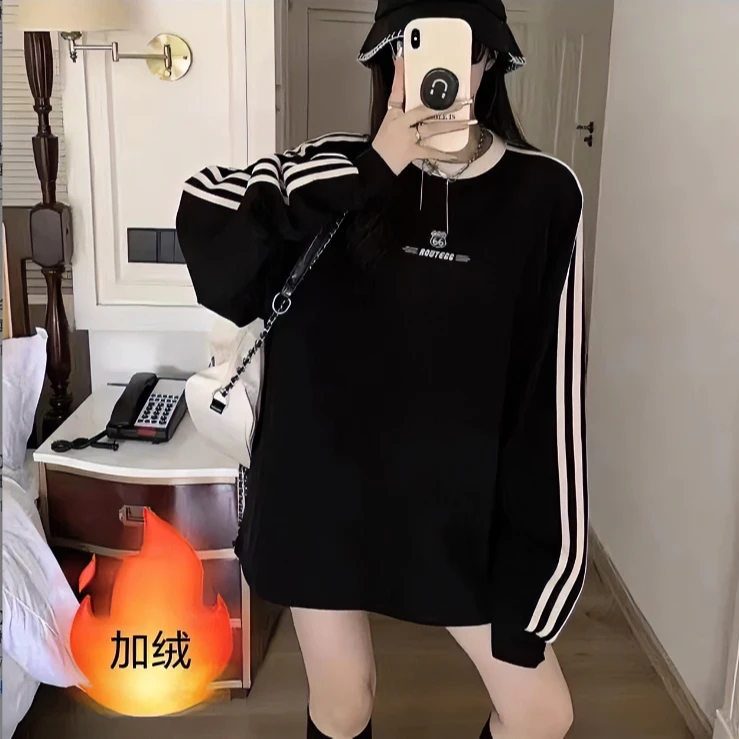 叮叮家【人在衣中晃】美式三条杠撞色t恤宽松圆领情侣运动加绒卫衣