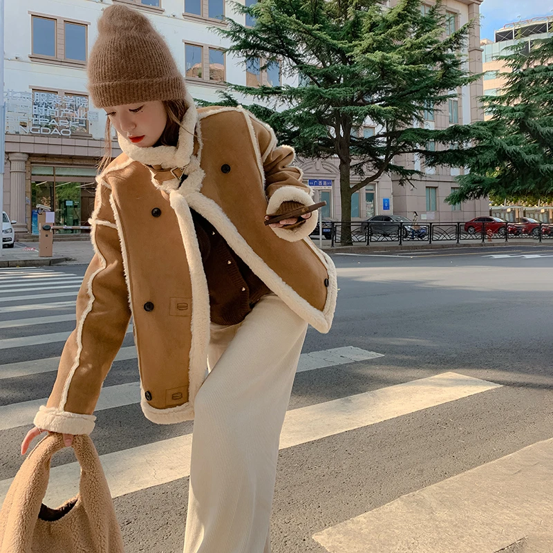 麂皮绒羊羔毛外套女小个子2023新款冬季短款加厚皮毛一体机车棉服