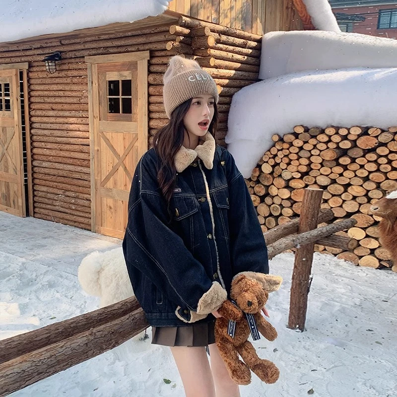 深蓝色短款加绒牛仔外套女款爆款冬季2024新款加厚毛绒拼接派克服