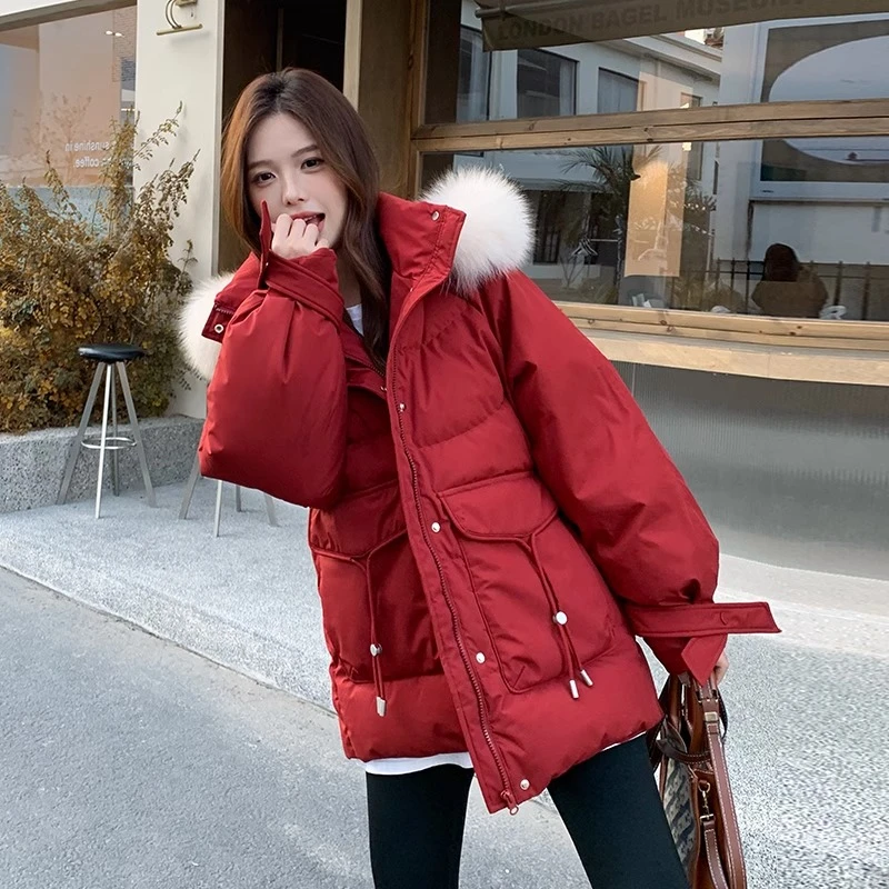 圣诞红新年短款羽绒服女款爆款冬季2024新款加厚保暖白鸭绒外套