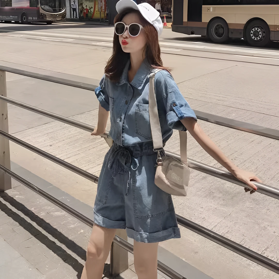 牛仔连体裤女夏款新款韩版高腰显瘦小个子连衣短裤工装连体套装