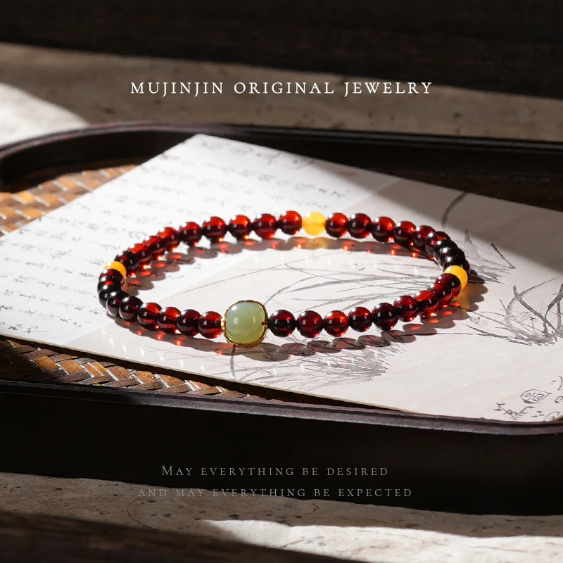 【木槿槿】天然血珀手链女款约4m串珠手链时尚饰品小众单圈TT2559