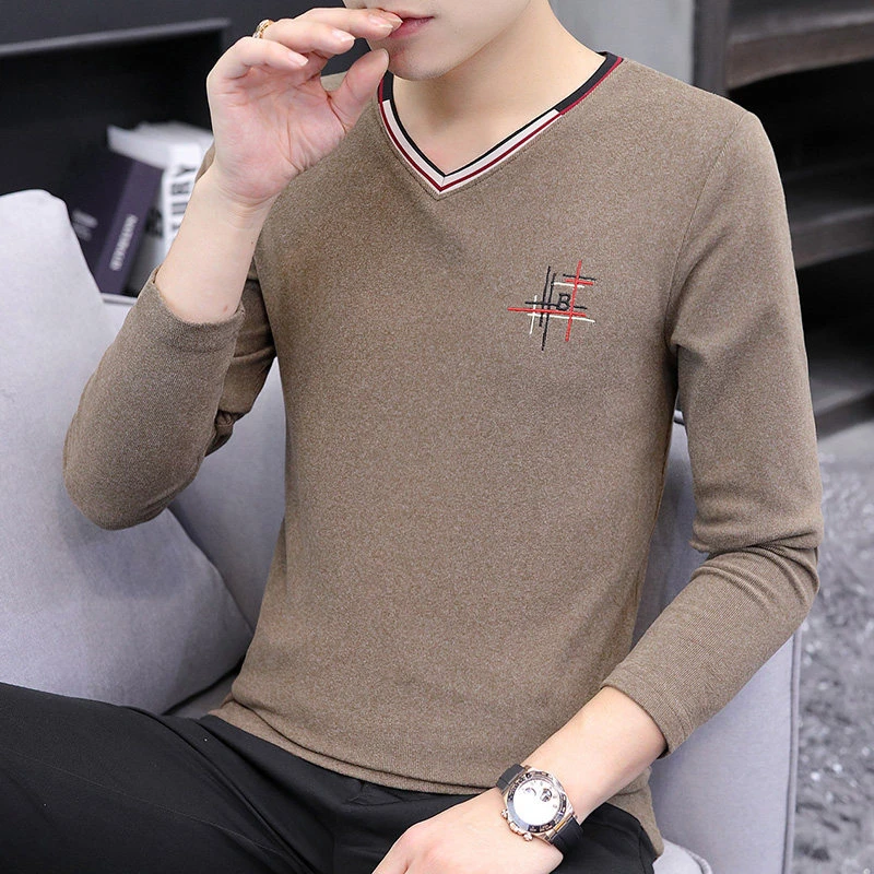 v领打底衫男士春秋季内搭长袖t恤男潮流时尚百搭德绒刺绣丅恤男