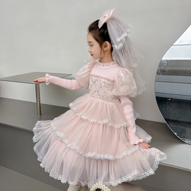 女童连衣裙秋装2024新款洋气儿童蛋糕纱裙小女孩春秋公主毛衣裙子