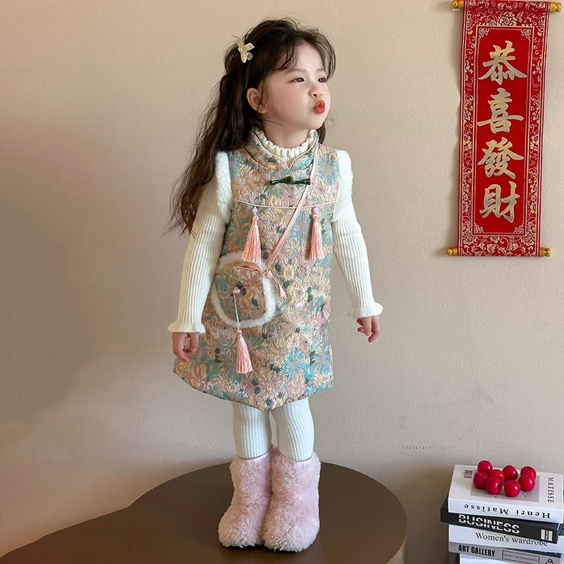 拜年服女童汉服冬款儿童旗袍裙中国风套装女孩古风宝宝中式表演服