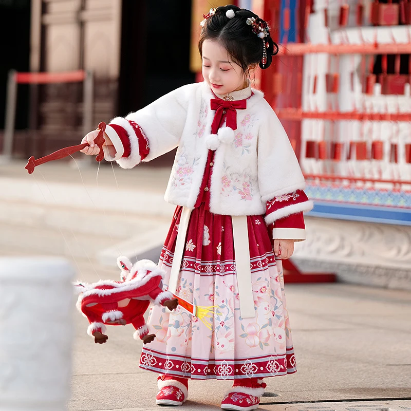 汉服女童套装秋冬款儿童新中式国风古装冬款加厚小女孩拜年服唐装