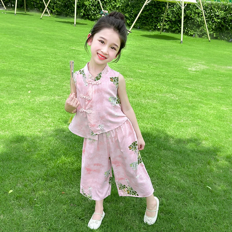女童夏季无袖中式套装2024新款汉服复古唐装女童中国风阔腿两件套