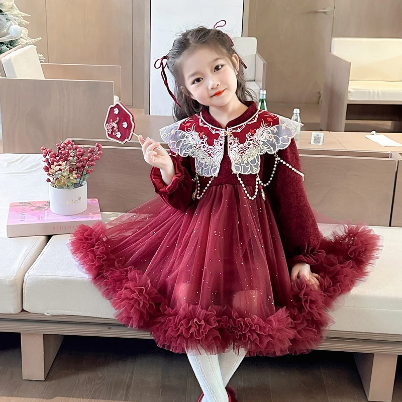 女童红色国风连衣裙秋冬2024新款洋气小女孩新年装儿童网纱公主裙