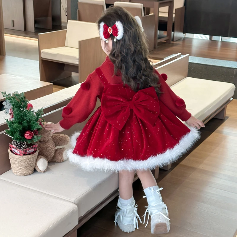 女童圣诞节洛丽塔公主裙秋冬装生日衣服新年洋气红色连衣裙拜年服
