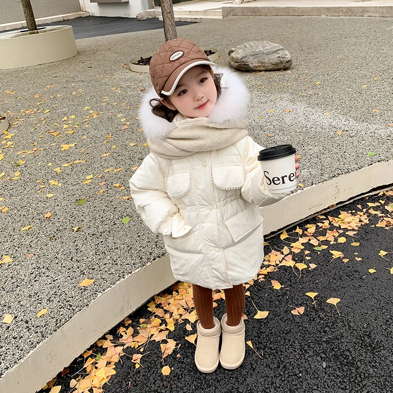女童秋冬款中长羽绒服2024新款儿童冬季保暖棉衣外套女孩冬装棉服