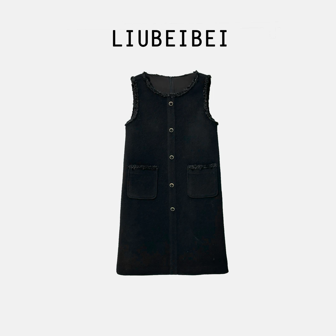 LIUBEIBEI新款法式气质假门襟小金口麦穗镶边高级背心裙-8503