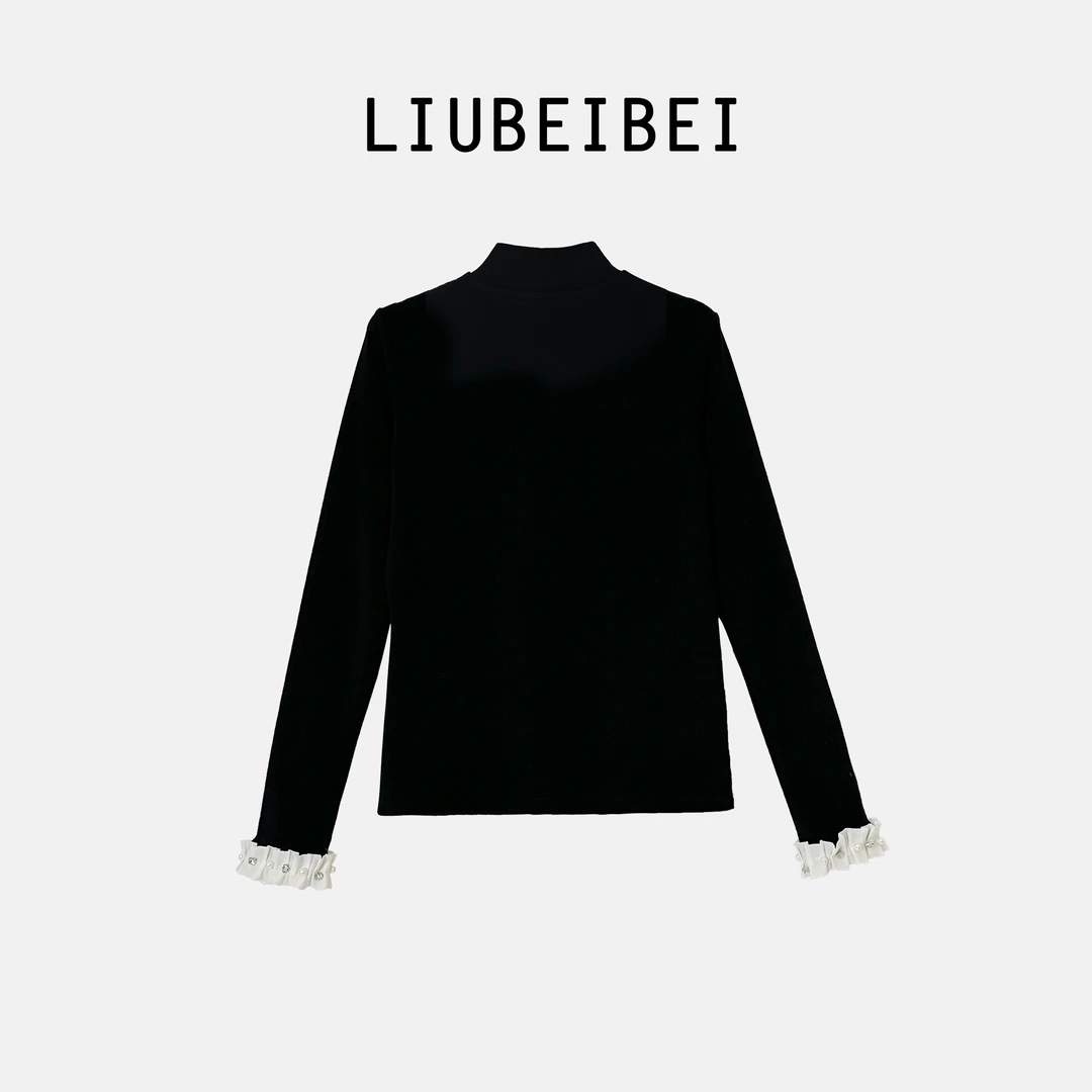 LIUBEIBEI新款设计感拼接花边袖黑色T恤女高级显瘦打底衫8097
