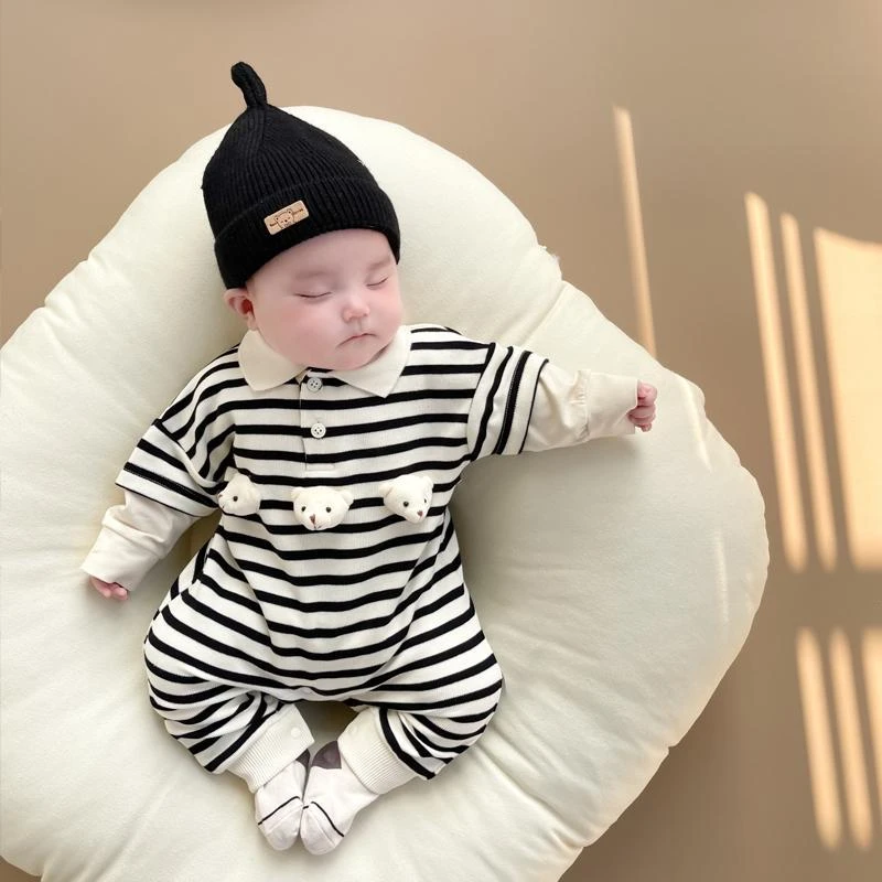 超萌新生婴儿宝宝衣服连体衣秋哈衣爬服三只小熊百天满潮