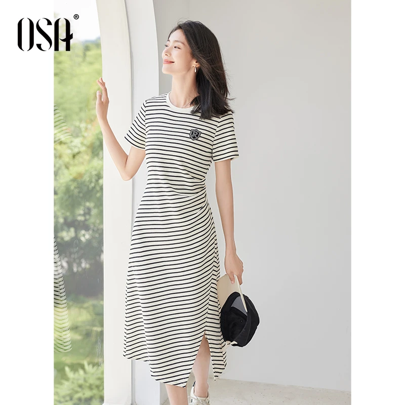 【OSA/欧莎】休闲条纹连衣裙女夏季收腰设显瘦针织长裙子S124B13036