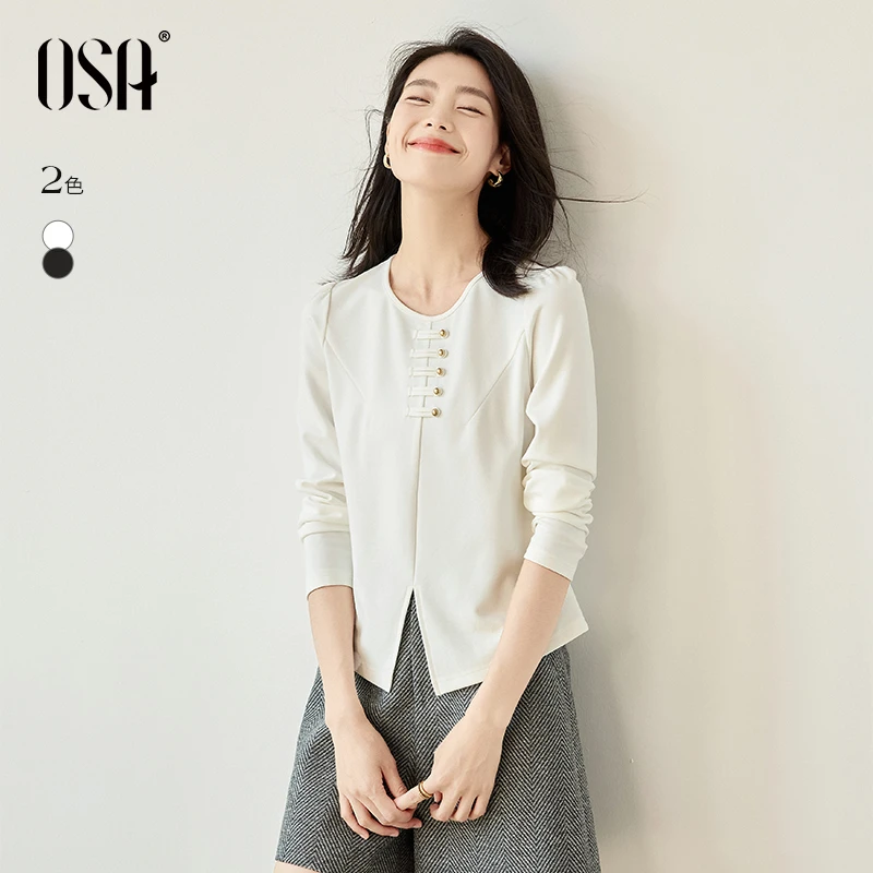 【OSA/欧莎】新中式盘扣国风长袖T恤女宽松慵懒上衣S124C11011