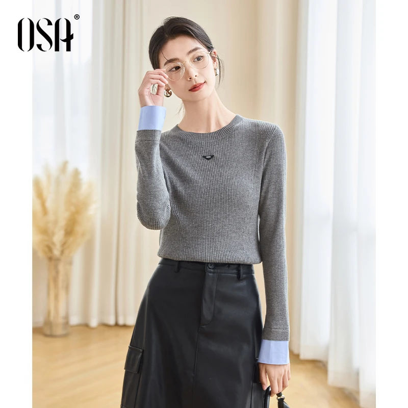 【OSA/欧莎】简约灰色假两件圆领针织衫女通勤内搭上衣S124C16064