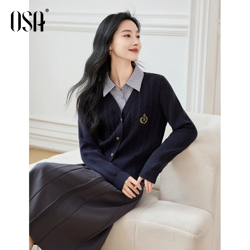 【妮可定制】欧莎学院风绣花假两件衬衫领通勤针织衫女冬S124D16001