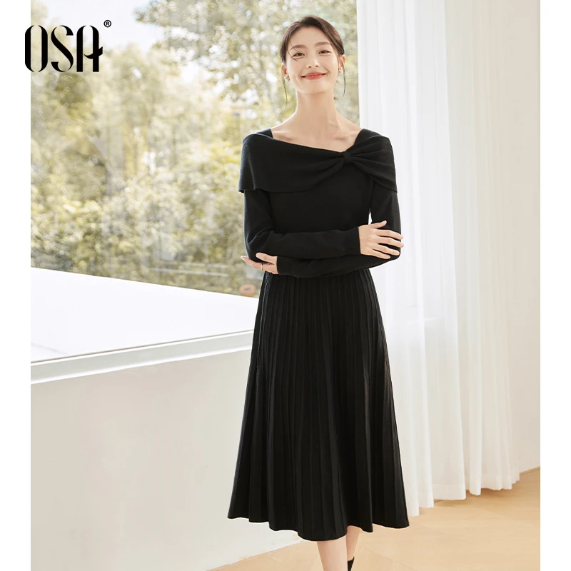 【OSA/欧莎】黑色气质连衣裙女法式方领蝴蝶结秋冬裙子S124D13014