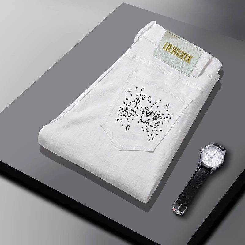 【白衣服】轻奢三防防油白色牛仔裤男士 直筒弹力薄款长裤修身裤子