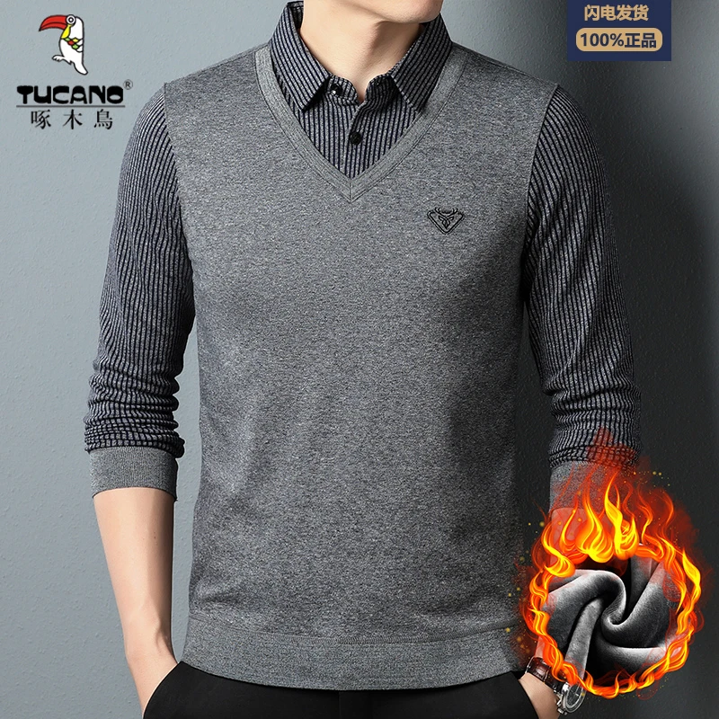 TUCANO/啄木鳥雪尼尔衬衫领假两件加绒加厚保暖中老年毛衣爸爸装