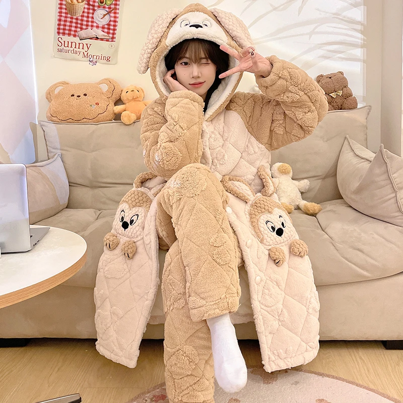 【3507冬季新款袍套睡衣】女士三层加厚加绒夹棉睡衣套装可外穿