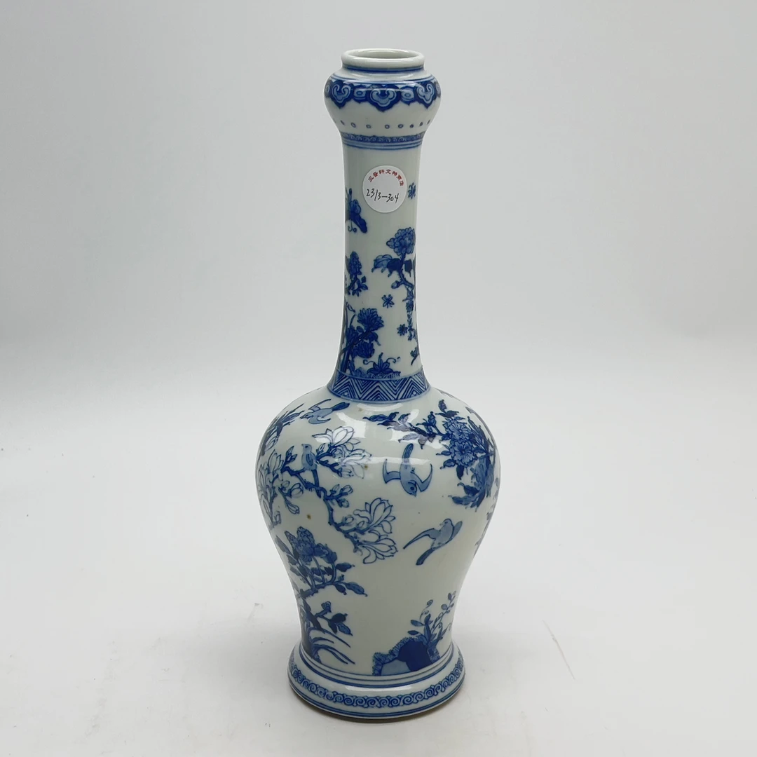 X 2313-304康熙  青花花鸟蒜头瓶