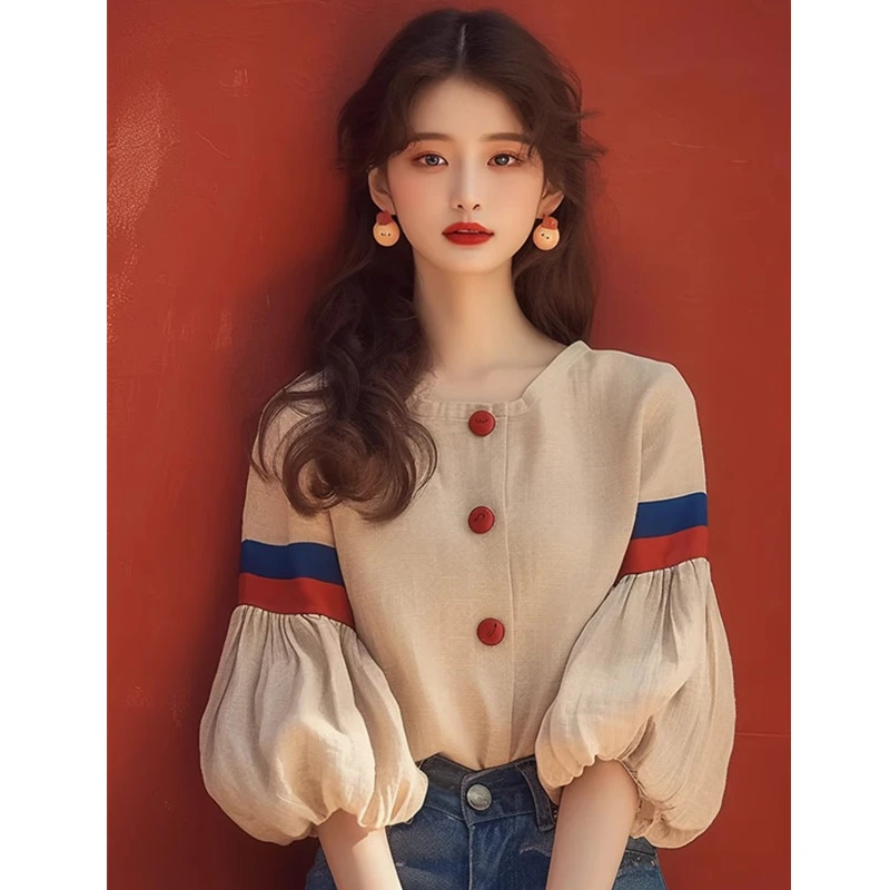 2024早秋新款法式小众设计感独特超好看洋气减龄杏色灯笼袖衬衫女