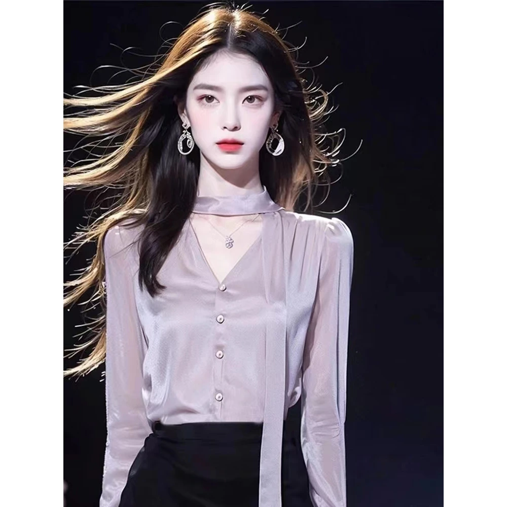 洋气超好看紫色V领长袖衬衫女早秋款独特高级感减龄上衣轻熟风