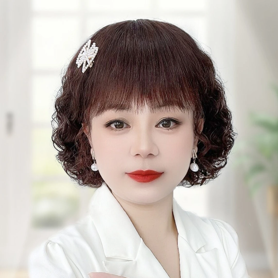 假发女短发真发全真人发妈妈短卷发中老年女士遮白发光头蓬松发套