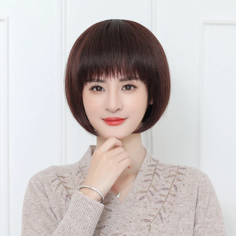 （全真发)妈妈发套中长沙宣发时尚靓丽遮白发光头假头发套真人头发