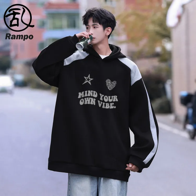 连帽卫衣男2024秋款美式复古条纹拼接运动外套青少年学生休闲上衣