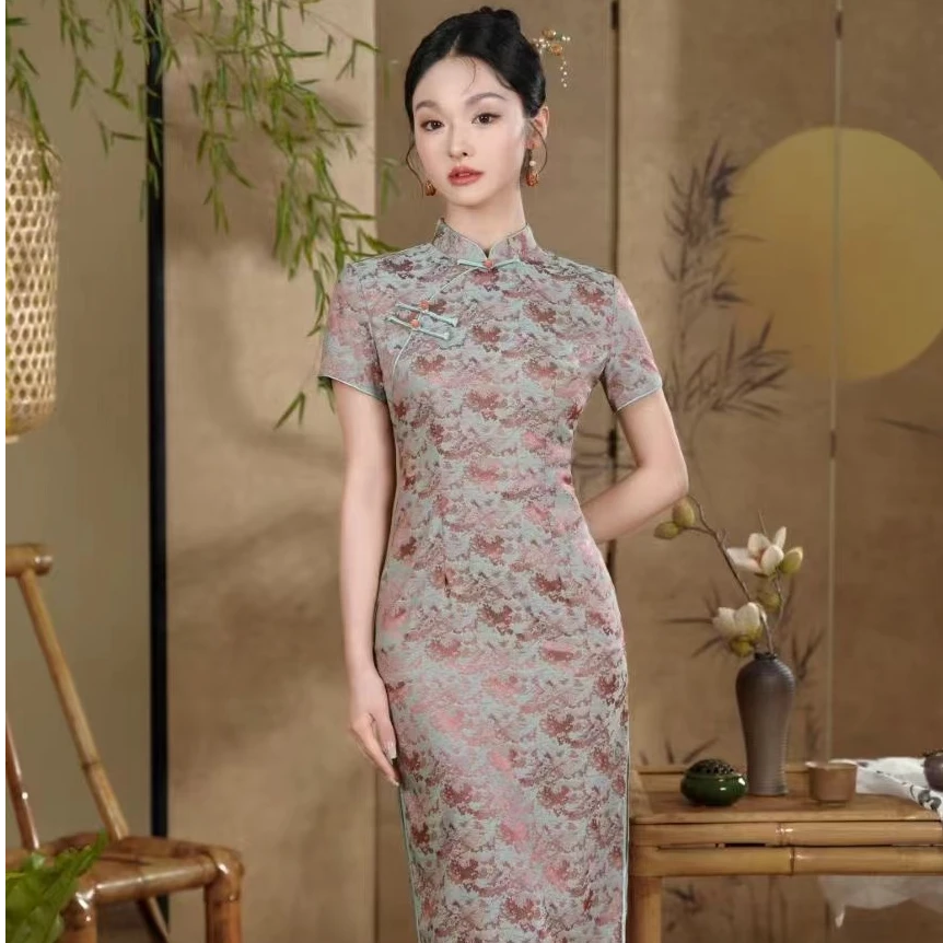 F-0018显瘦气质网红时尚夏季少女复古修身淡雅中国风旗袍衣长116