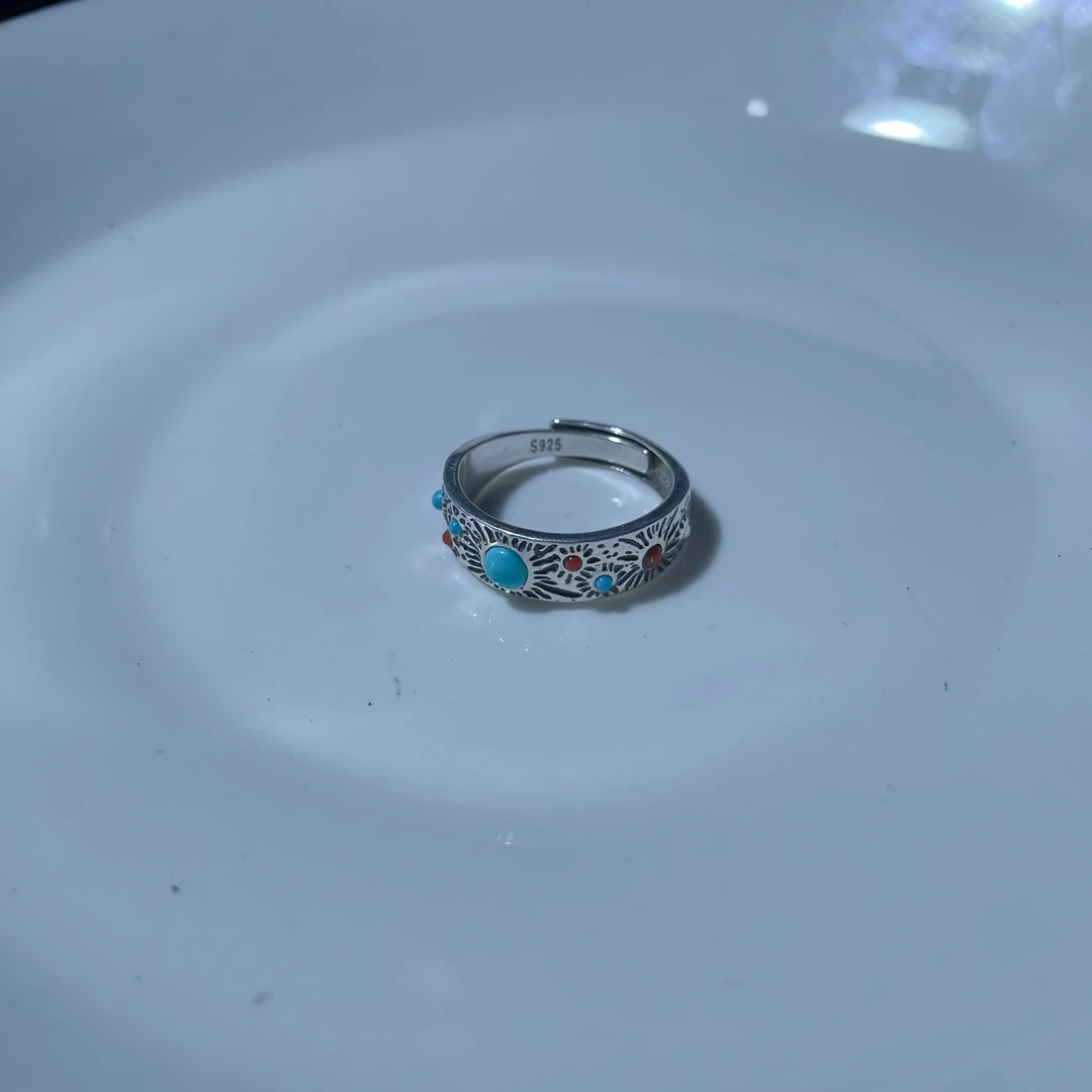 925银银制品 民族风蓝色复古做旧款时尚精致高级显白戒指轻奢彩色