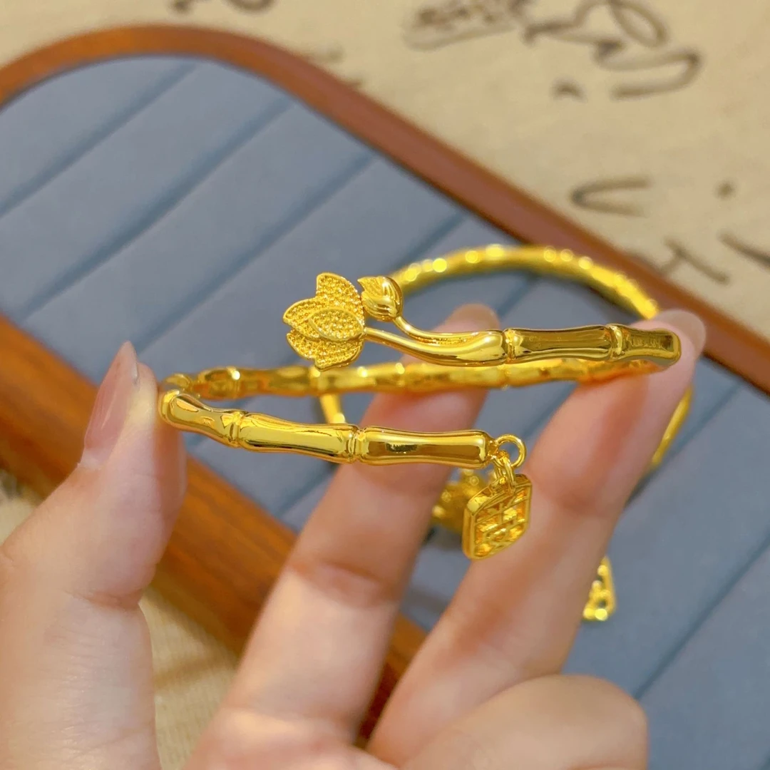 铜合金手镯 平安牌竹节莲花开口手镯设计中式0111