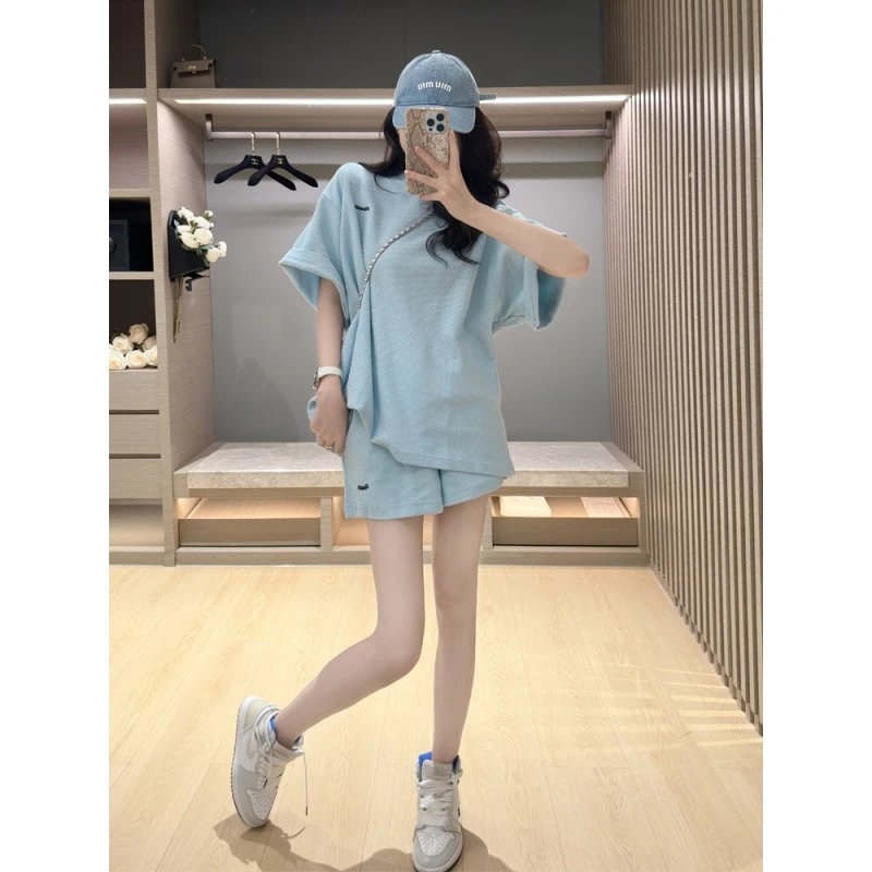 网红蓝色华夫格宽松短袖短裤套装女夏休闲运动T恤上衣减龄两件套