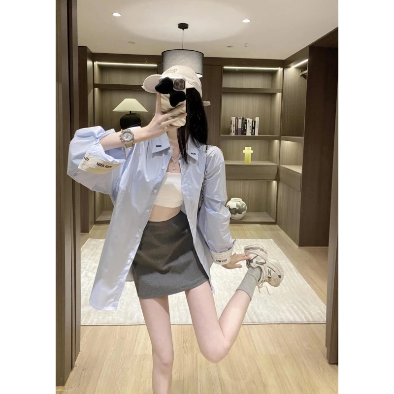 2025年早秋新款衬衫女装韩系百搭小众设计感蓝色防晒衬衫外套潮