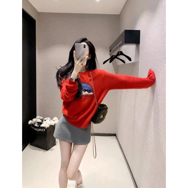 红色毛衣女2024秋冬季慵懒风高级感小个子宽松显瘦红色针织衫上衣