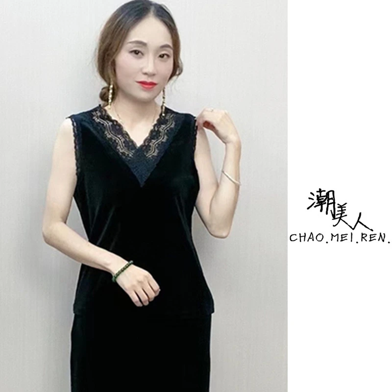 春秋季花边领金丝绒坎肩时尚百搭背心外穿宽松气质显瘦无袖打底衫