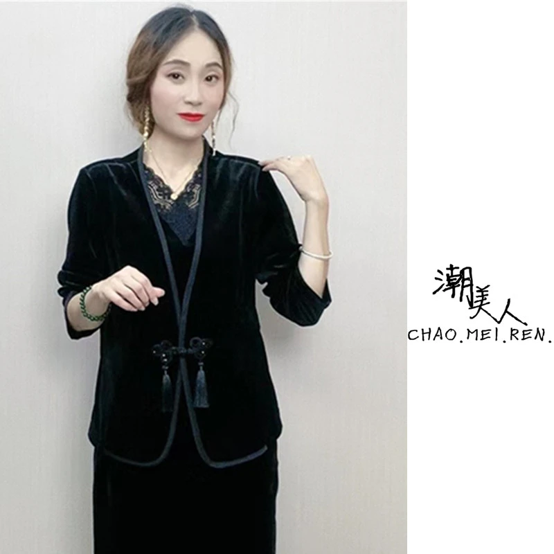 春秋款时尚韩版大码百搭气质洋气显瘦西装中年女士妈妈装黑色外套