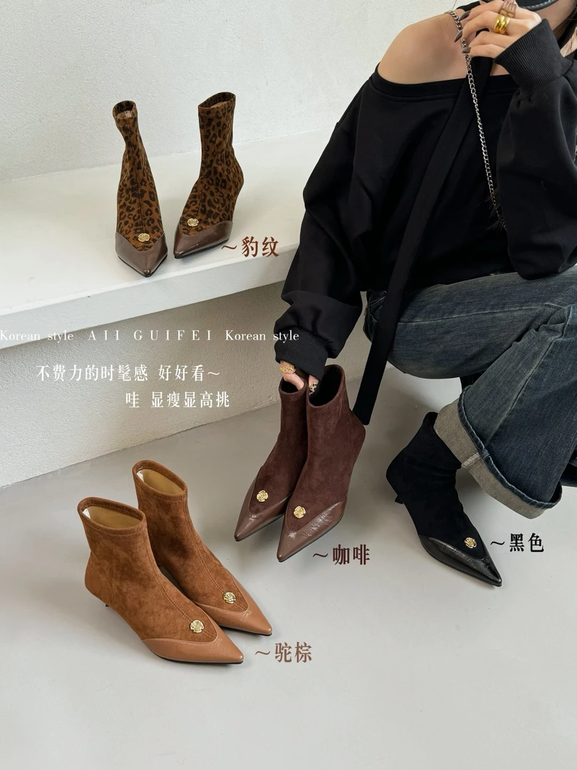 小香风女靴尖头细跟小短靴加绒秋冬新款法式复古绒面气质瘦瘦靴子