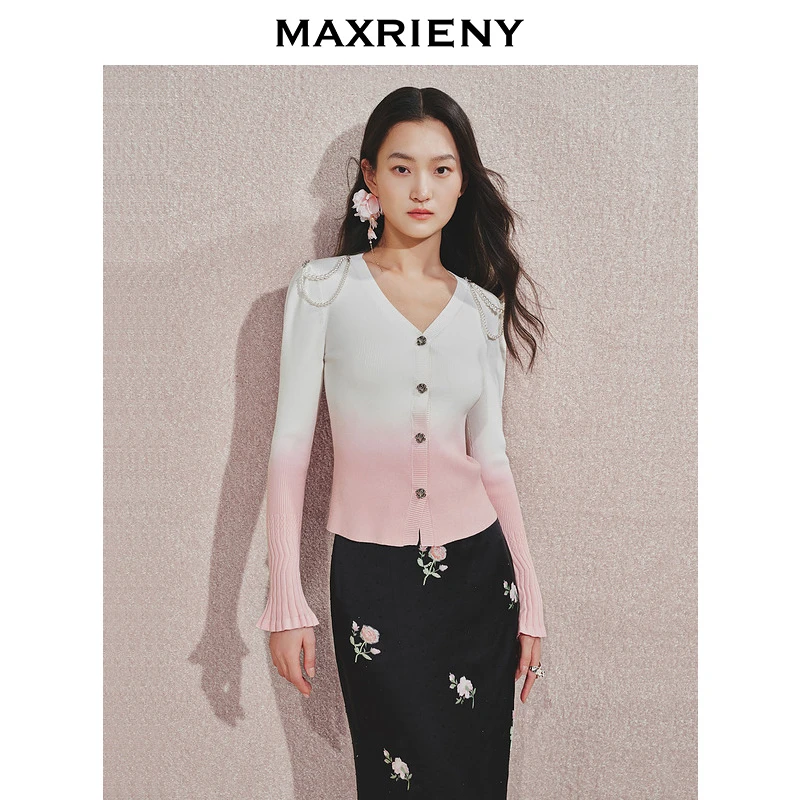 【贵雅日常-商场同款】MAXRIENY复古少女感玫瑰扣喇叭袖针织开衫