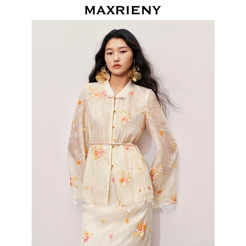 【商场同款】MAXRIENY中式甜美风欧根纱上衣重工绣花衬衫女