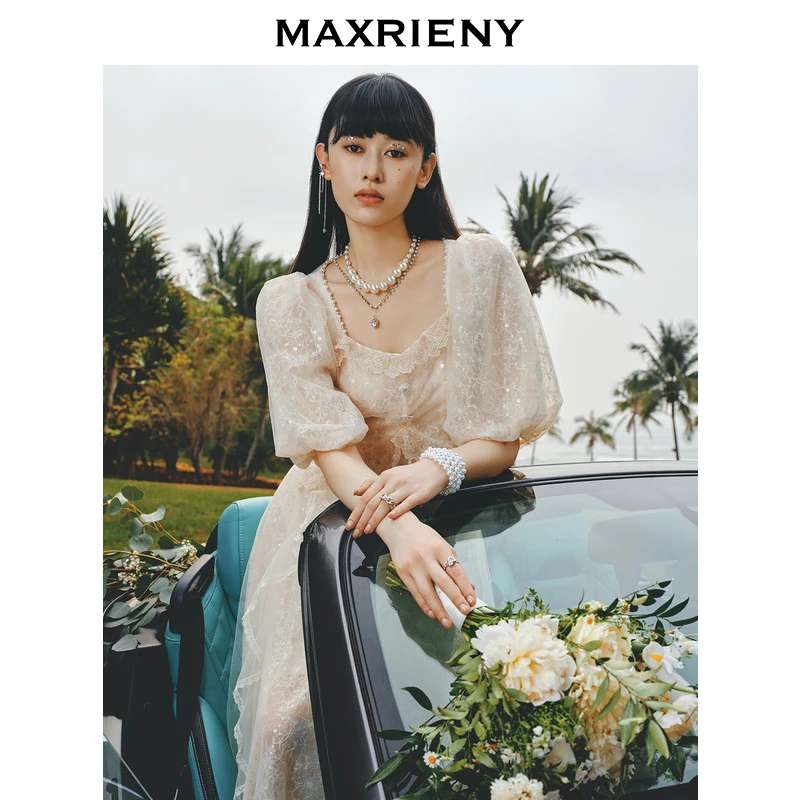 MAXRIENY2023夏夏季法式轻奢气质蕾丝泡泡袖小众连衣裙MS88DR357
