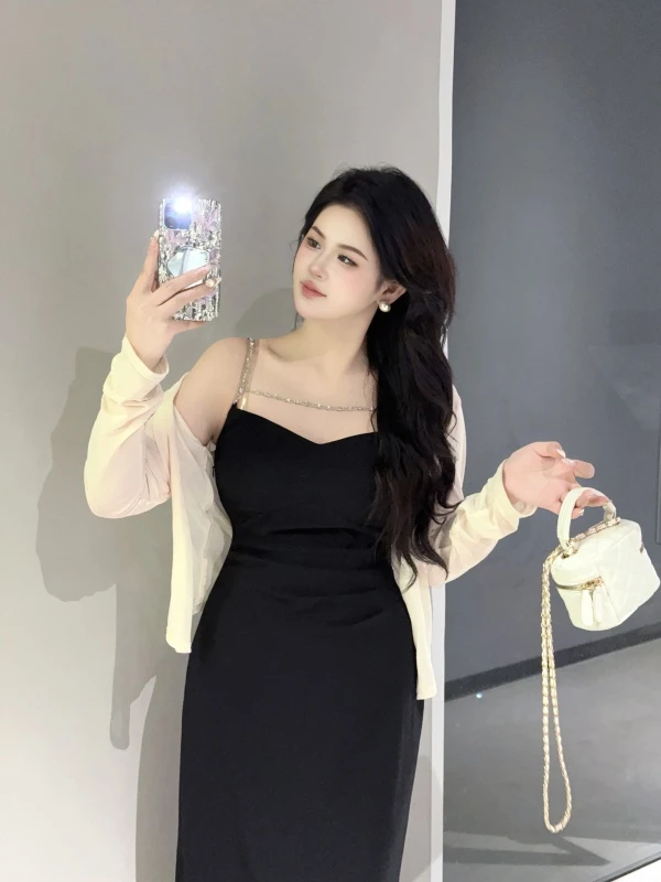 大码女装纯欲辣妹吊带连衣裙开衫套装律动莫兰迪巨显瘦两件套性感