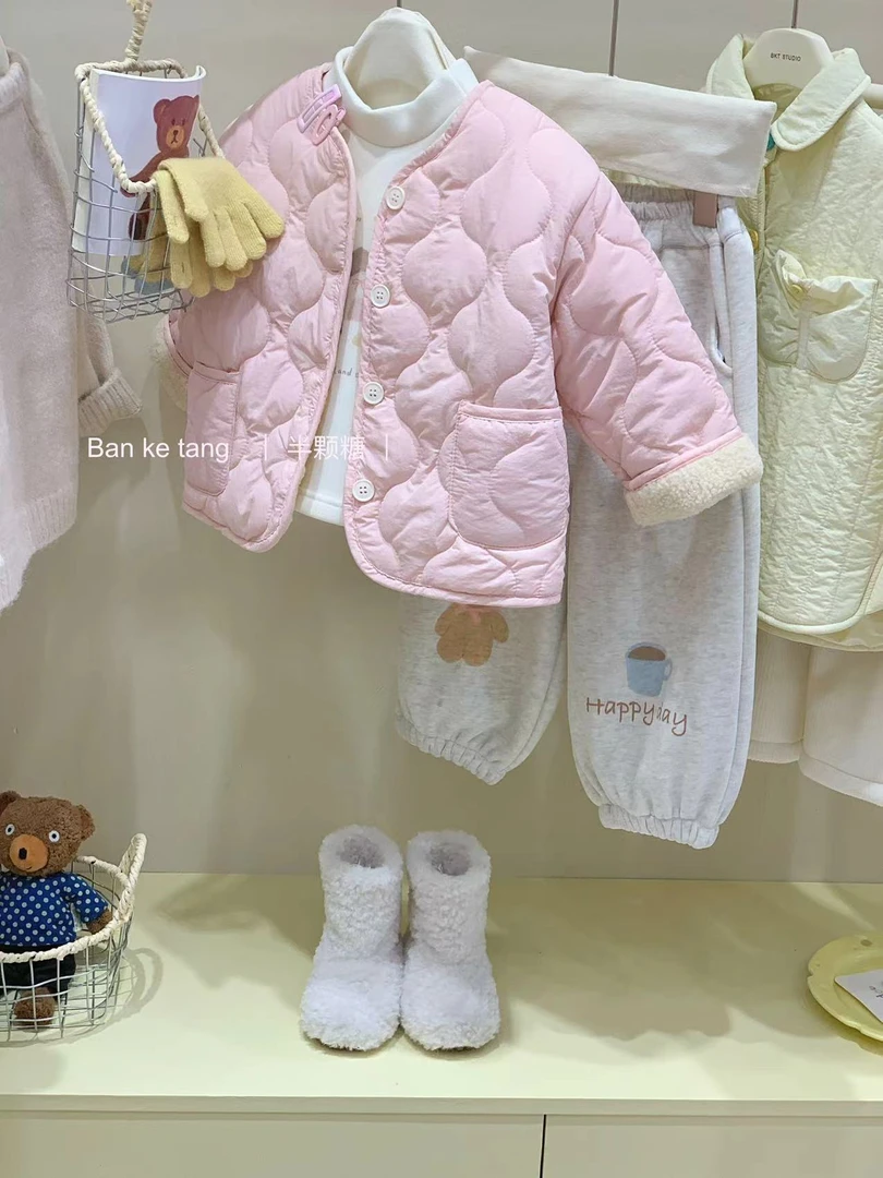 女童粉色棉服外套2024秋冬新款韩版童装小女孩洋气套装