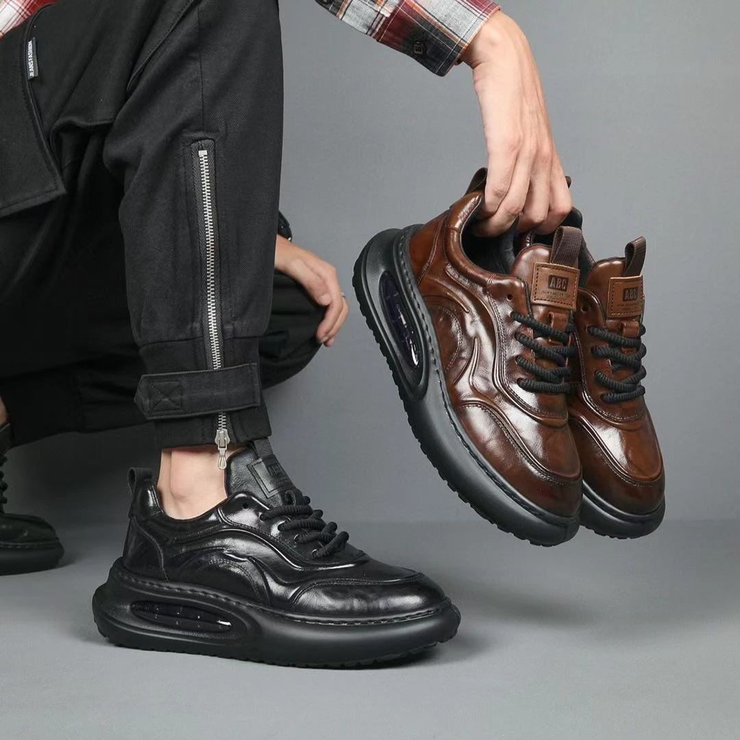 欧洲站男鞋2024秋新款男士厚底休闲系带皮鞋单鞋男潮款百搭男式