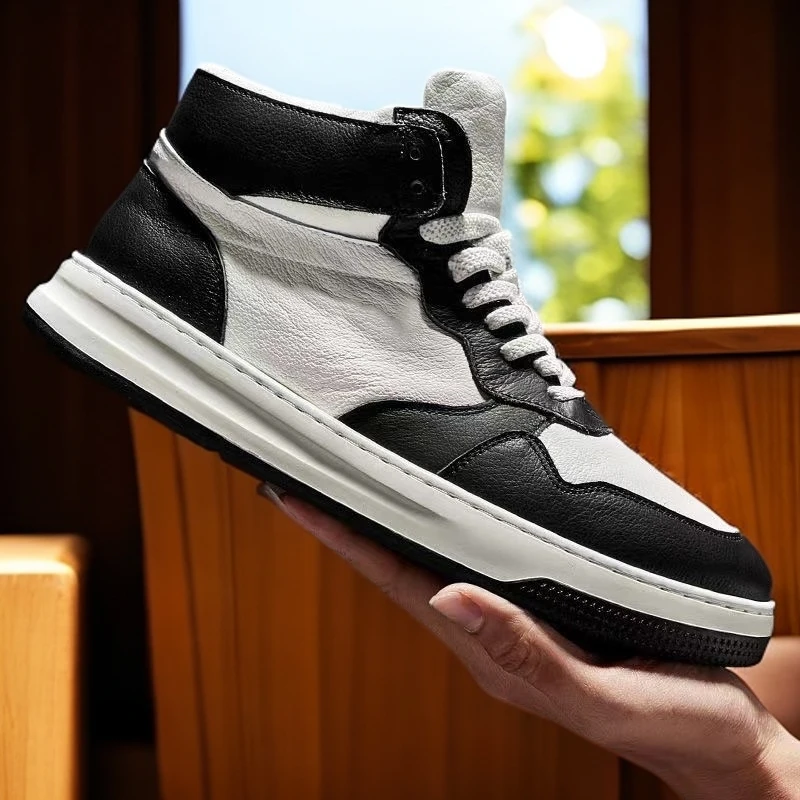 男鞋百搭潮流高帮鞋男头层牛皮真皮四季运动休闲板鞋熊猫时尚男式